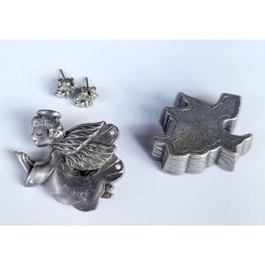 ANGEL JEWERLY SET BY TORINO PEWTER ~ PIN / BROOCH & EARRINGS & BOX
